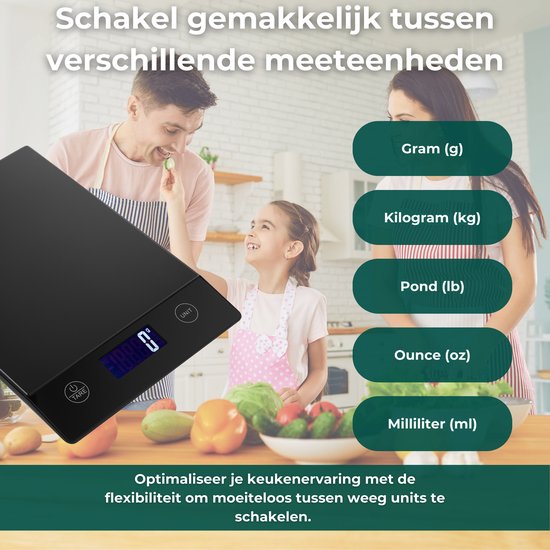 AKSA Home® Digitale Precisie Keukenweegschaal – Weegschaal Keuken - USB Oplaadbaar - 1gr tot 15kg – Tarra Functie - Inclusief Twee Batterijen - Zwart