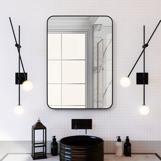 Badkamerspiegel - Zwart - 71 x 50 cm - Wandspiegel - Rechthoekige Spiegel met Frame van Aluminiumlegering - Spiegel voor Slaapkamer, Woonkamer en Badkamer