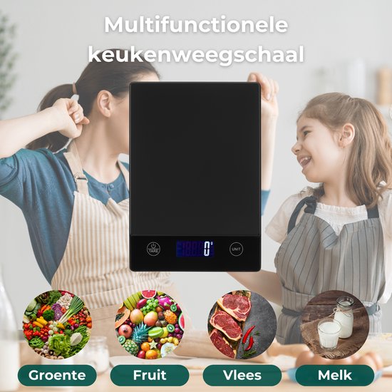 AKSA Home® Digitale Precisie Keukenweegschaal – Weegschaal Keuken - USB Oplaadbaar - 1gr tot 15kg – Tarra Functie - Inclusief Twee Batterijen - Zwart