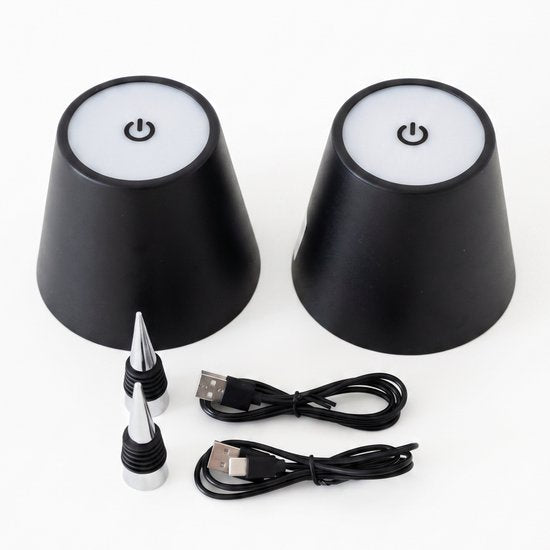 Fidali Flessenlamp - Oplaadbare LED Tafellamp USB-C - Dimbaar met touch bediening - Binnen & Buiten - Aluminium - Zwart - 2 Stuks