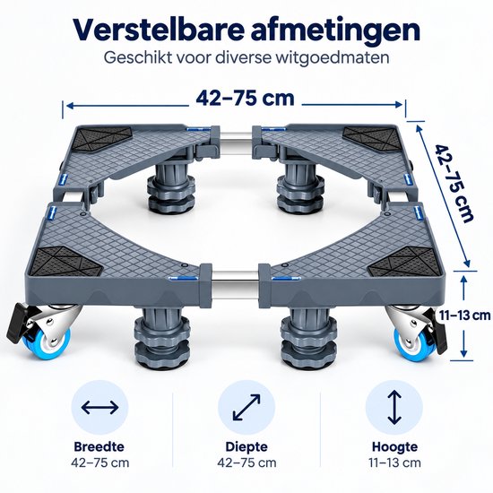 Verstelbare Wasmachine Onderzetter met Wielen – 42 tot 75 cm – Verrijdbare Wasmachine Verhoger – Met Rem, Stelpoten & Anti-Slip – Voor Wasmachine, Droger en Koelkast