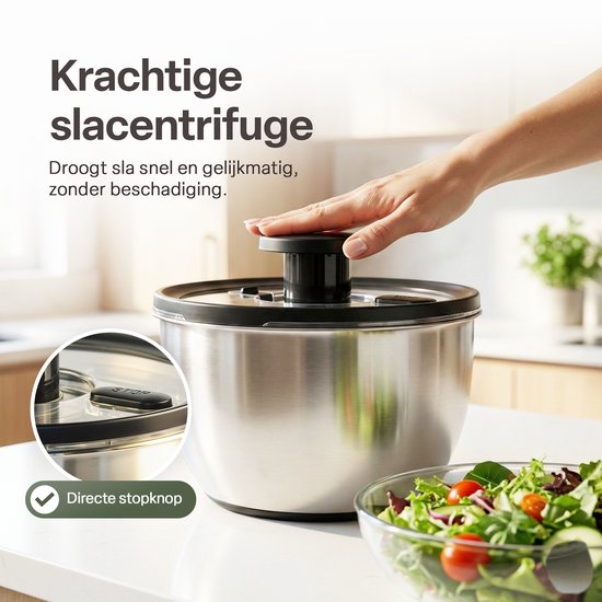Slacentrifuge RVS 5L met Snij- en Raspmessen – Salade Spinner – Sladroger – Slakom met Mandoline – Groentesnijder – Julienne Snijder – RVS Mengkom