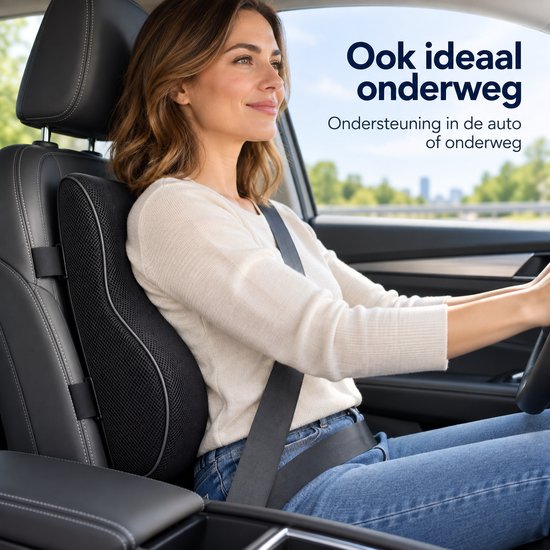 Lendensteun voor Bureaustoel & Auto – Rugkussen – Rugsteun met Memory Foam – Ademend Mesh – Verstelbare Banden – Voor Kantoor, Thuis & Autostoel – Zwart