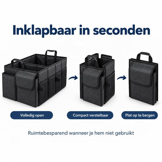 Kofferbak Organizer – Auto Organizer Opvouwbaar – 55 x 34 x 28 cm – Met Meerdere Vakken, Zijvakken & Handvatten – Boodschappenkrat voor Auto – Zwart