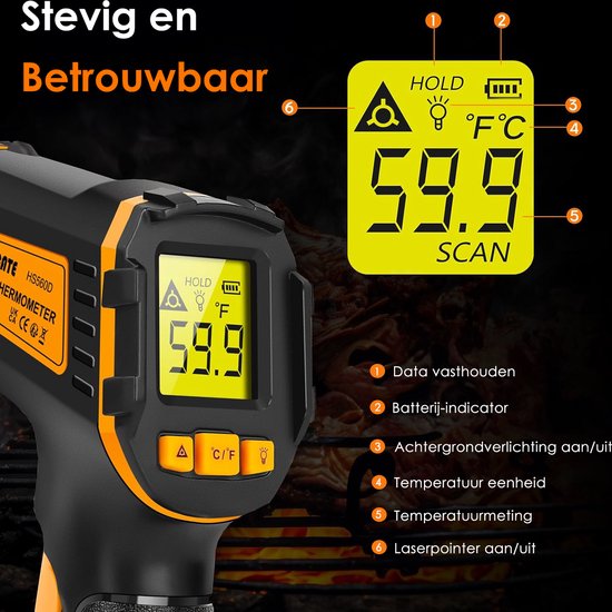 Vesfy Digitale Infrarood Thermometer - Bereik -50 t-m +490 °C - IR Thermometer - Warmtemeter - Vleesthermometer