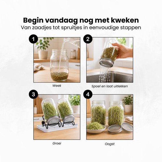 Kiemglas - 2 Stuks - 1000ML - Kiempot set - Groente kiemen - Kiempotten voor Kiemgroenten - Inclusief Houder