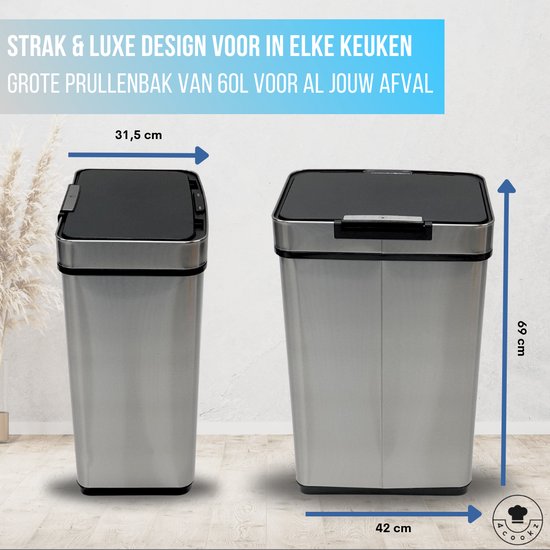 4cookz® Sensorprullenbak 60 liter - RVS Prullenbak
