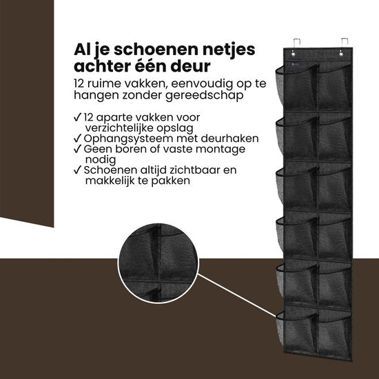 Schoenenkast Hangend - Schoenenzak 12 vakken - Opbergen van Schoenen aan Deur - Schoenenzak Zwart - Oplossing voor rondslingerende schoenen - Hoogwaardige Schoenenkast
