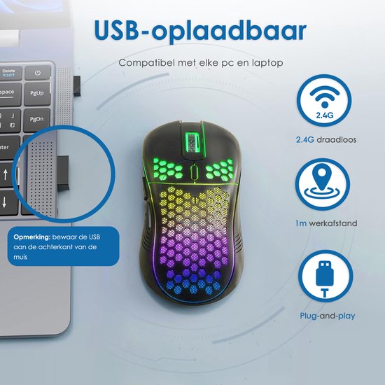 Pro Draadloze Gaming Muis - RGB Verlichting - 1600 DPI - USB Oplaadbaar - Ergonomisch - Voor PC & Laptop