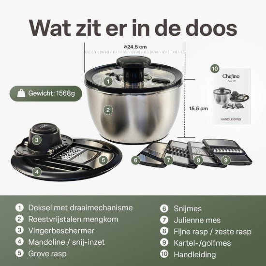 Slacentrifuge RVS 5L met Snij- en Raspmessen – Salade Spinner – Sladroger – Slakom met Mandoline – Groentesnijder – Julienne Snijder – RVS Mengkom