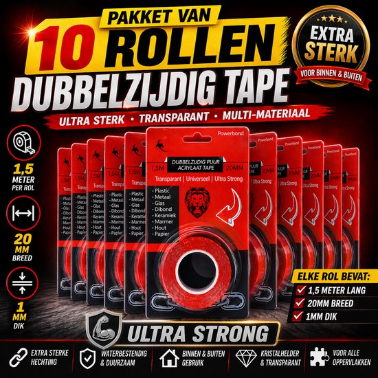 24ME® Pakket met 10 Rollen Dubbelzijdig Montagetape - Totaal 15 meter - Sterke Hechting - Transparant - Ultra Strong