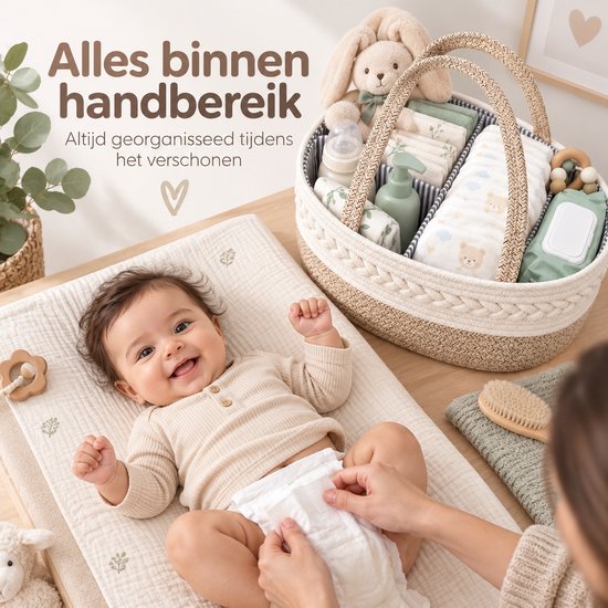Luiermand voor Commode – Baby Organizer met Uitneembare Vakken – Commodemandje met Handvatten – 36 x 22 x 18 cm – Opbergmand voor Luiers, Doekjes & Babyverzorging – Beige