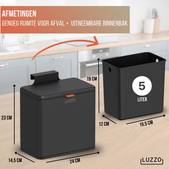 Luzzo® Loft Groente Afvalbak Zwart - Aanrecht Afvalbakje 5 liter - Uitneembare Binnenbak - Neerzetten/Ophangen - Zwart