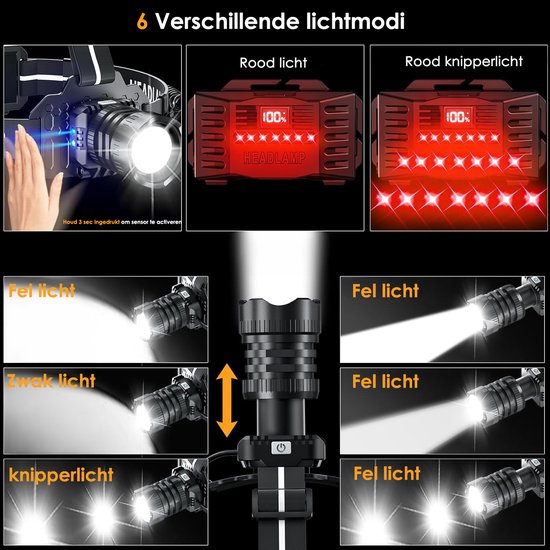 Hoofdlamp LED Oplaadbaar - Bewegingssensor & Rood Licht - 3600 Lumen - 6 lichtstanden- IPX6 Waterdicht - Voor Camping, Werk & Noodpakket