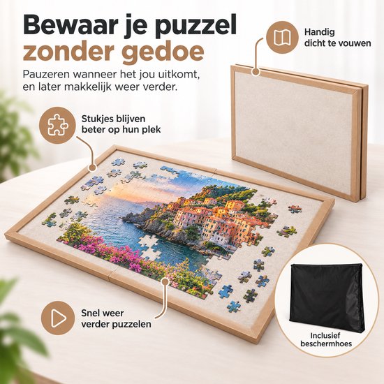 Opvouwbaar Puzzelbord voor 1000 Stukjes – Puzzelmat & Puzzelplaat 80 x 60 cm – Draagbaar Puzzelbord met Beschermhoes – Antislip Oppervlak – Beige