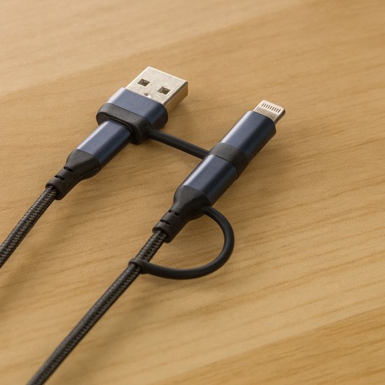 3-in-1 USB Kabel – 1 meter – Snelladen & Dataoverdracht – USB naar USB-C - Lightning – Nylon Gevlochten – Zwart - oplaadkabel Telefoon
