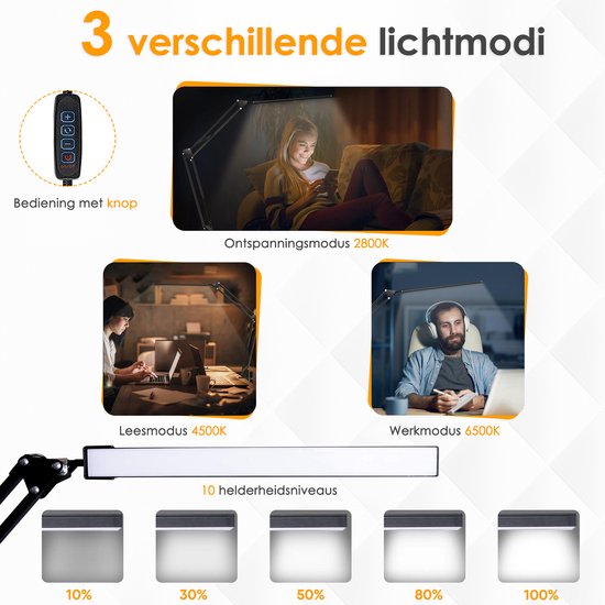 Pro LED Bureaulamp met Klem - Dimbaar - 3 Lichtstanden & 10 Helderheidsniveaus - Verstelbaar & Inklapbaar - Tafellamp voor Bureau