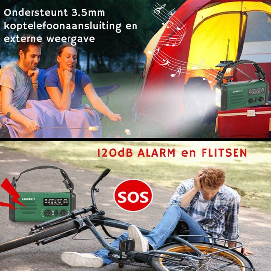 NovaWare NoodRadio Solar Opwindbaar - FM-AM - Powerbank Zonneenergie met 20.000mAh - Survival Noodpakket - Draagbare Radio op batterijen – Groen