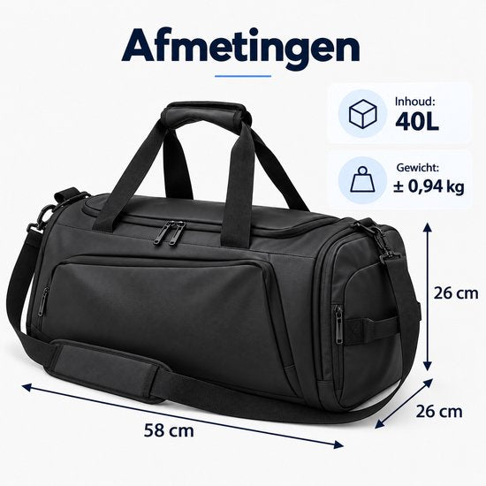 Sporttas 40L – 3-in-1 Sporttas, Reistas & Rugzak – Met Schoenenvak – Schoudertas met Rugzakbanden – Weekendtas – 58 × 26 × 26 cm – Zwart