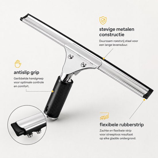 Raamtrekker 35 cm – Douchewisser – Wisser voor Douche, Ramen, Spiegel en Autoruit – RVS Glaswisser – Siliconen Raamwisser – Handtrekker – Douchetrekker Zwart-Zilver - Trekker