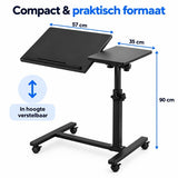Laptoptafel Verrijdbaar – In Hoogte Verstelbare Laptopstandaard – Kantelbaar Werkblad met Zijtafel – Mobiele Bedtafel op Wielen – 57 cm – Zwart