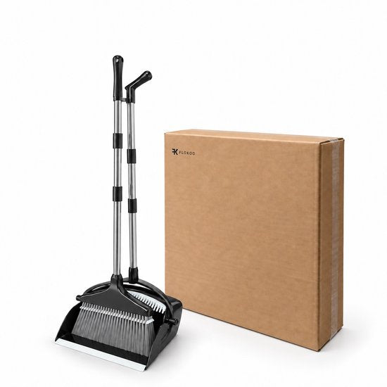 Bezem met Stofblik en Lange Steel – Bezem en Blik Set – Telescopisch & Zelfreinigend – Staande Stoffer en Blik – Voor Haren, Stof en Kruimels – Zwart