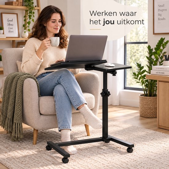 Laptoptafel Verrijdbaar – In Hoogte Verstelbare Laptopstandaard – Kantelbaar Werkblad met Zijtafel – Mobiele Bedtafel op Wielen – 57 cm – Zwart