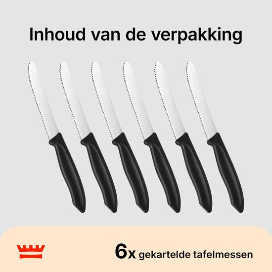 Chefino Tafelmessen Set 6 Stuks – Gekartelde Messen RVS – Steakmessen – Broodmesjes – Tomatenmessen – Vaatwasserbestendig – Zwart