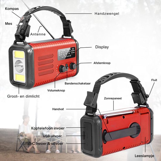 NovaWare NoodRadio Solar Opwindbaar - FM-AM - Powerbank Zonneenergie met 20.000mAh - Survival Noodpakket - Draagbare Radio op batterijen – Rood