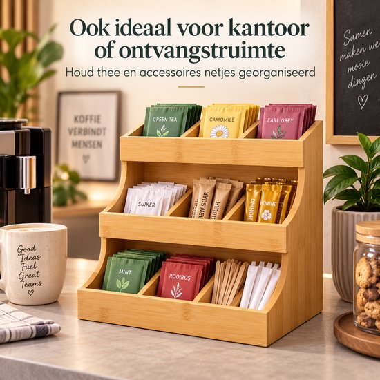 Theezakjes Organizer Bamboe – Theedoos met 12 Vakken – 3-Laags Theerek – Theezakjeshouder voor Aanrecht – Volledig Gemonteerd – 26,7 × 17,3 × 24,1 cm