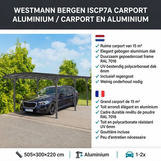 Westmann Aluminium carport met rond dak model Bergen - Antraciet - 505x300x220cm