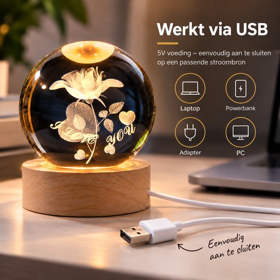 DMG Supply 3D Kristallen Bol Lamp - USB Oplaadbaar - LED Lamp - Nachtlamp - Tafellamp - Bureaulamp