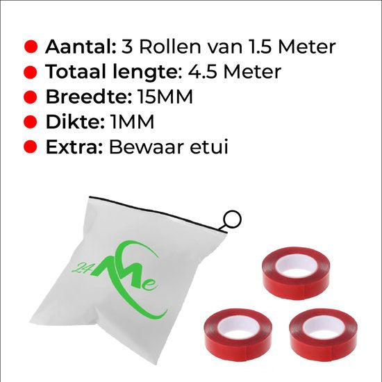 24ME® 4.5 Meter Dubbelzijdig Montagetape - Incl. Bewaar Etui - Sterke Hechting - Transparant - Nano tape