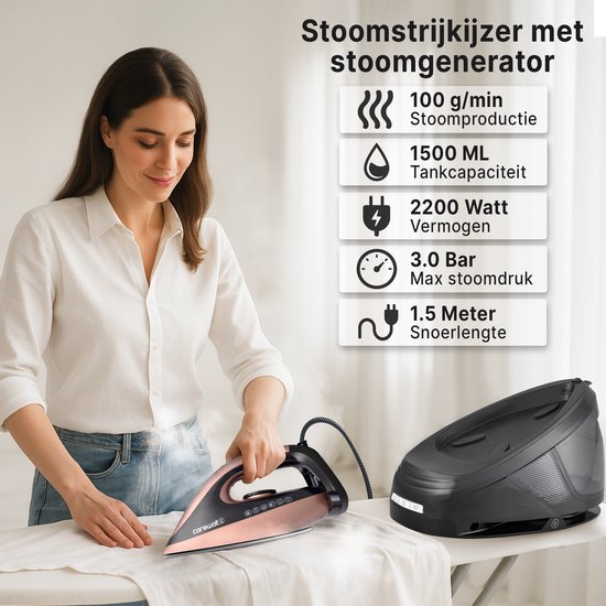 Carewat Stoomstrijkijzer met Stoomgenerator - Goud - 2200W - 1.5L Uitneembare Watertank - 100 g-min Stoomproductie - Keramische Zoolplaat - 3.0 Bar Stoomdruk - Anti-Oververhitting - Geschikt voor alle stoffen