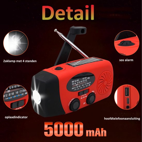 NovaWare Noodradio Solar Opwindbaar - Powerbank Zonneenergie met 5000mAh - FM-AM - Noodpakket - Draagbare Radio – Batterij - Rood