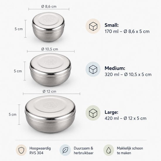 RVS Lunchbakjes Set met Deksel – 3 Delige Bewaarbakjes van RVS 304 – Herbruikbare Vershoudbakjes – Lunchbox Set – 170 ml, 320 ml & 420 ml