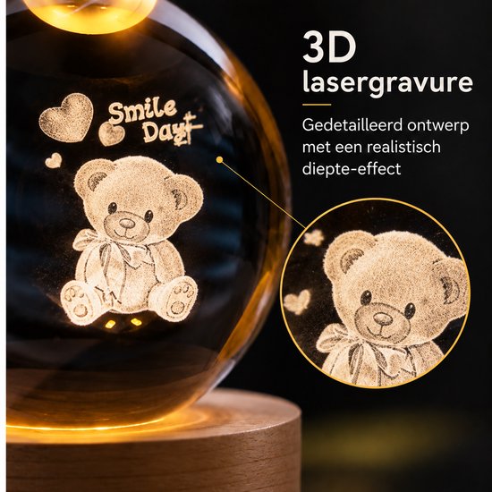 DMG Supply 3D Kristallen Bol Lamp - USB Oplaadbaar - LED Lamp - Nachtlamp - Tafellamp - Bureaulamp