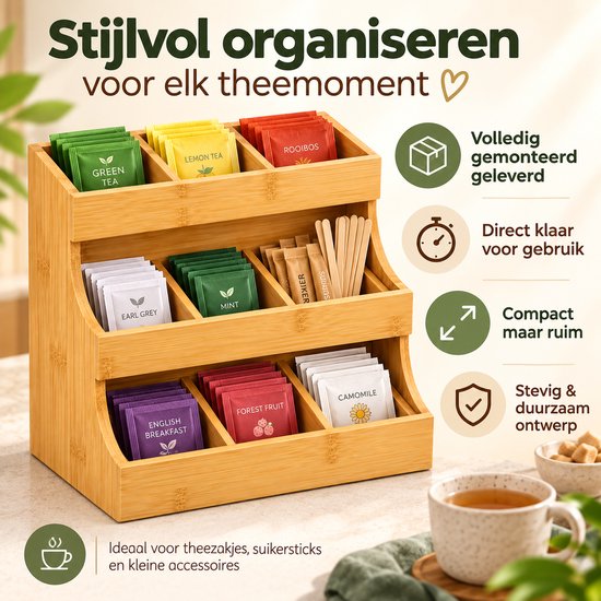Theezakjes Organizer Bamboe – Theedoos met 12 Vakken – 3-Laags Theerek – Theezakjeshouder voor Aanrecht – Volledig Gemonteerd – 26,7 × 17,3 × 24,1 cm