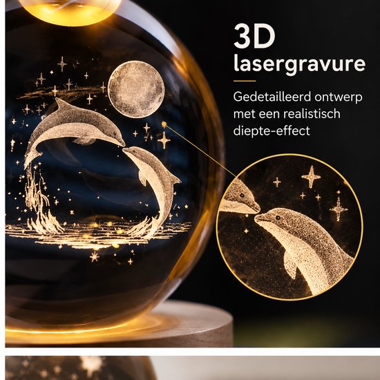 DMG Supply 3D Kristallen Bol Lamp - USB Oplaadbaar - LED Lamp - Nachtlamp - Tafellamp - Bureaulamp