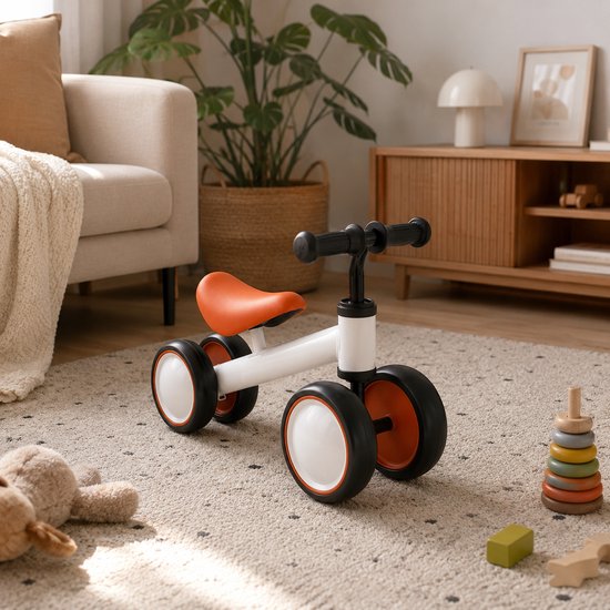 Jeemsie Loopfiets 1 Jaar – Baby Loopfiets 12 tot 36 Maanden – Vierwiel Loopfiets – Eerste Fiets voor Peuters – Binnen & Buiten – Oranje-Wit