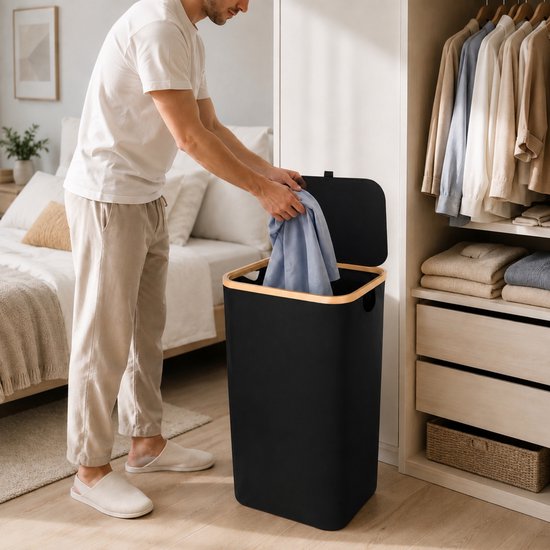 Wasmand met Deksel – Opvouwbare Wasmand – Wasbox 100L – Wassorteerder met Binnenzak – Zwart – Voor Badkamer, Slaapkamer en Wasruimte