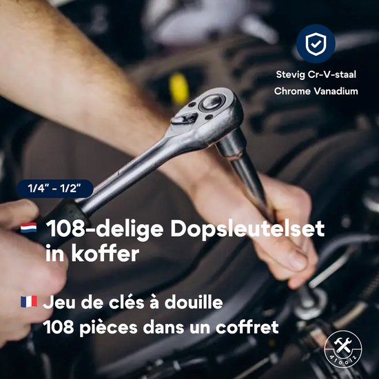 4toolz ® Doppenset 108-delig in Koffer - 72 tands Ratels 1-2" en 1-4'' Doppen en Bit-set
