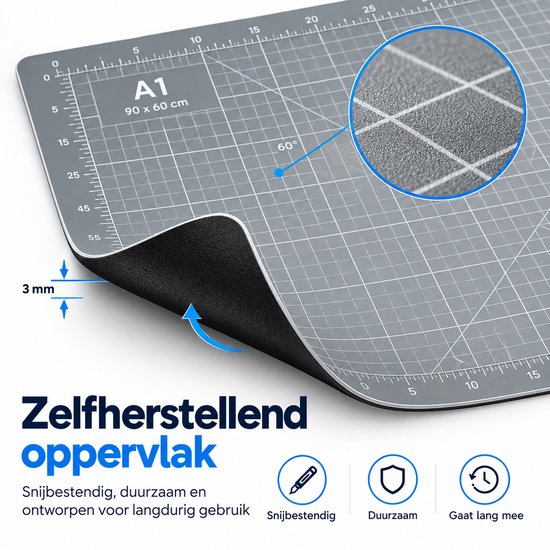 Snijmat A1 – 90 x 60 cm – Zelfherstellende Snijmat 3 mm Dik – Grote Cutting Mat met Raster, Maatverdeling & Snijhoeken – Voor Hobby, Naaien & Knutselen
