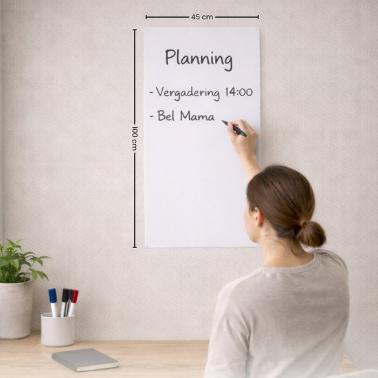 FLOKOO Whiteboard Sticker XL Zelfklevend (200 x 45 cm) met 4 Stiften met Wisser - Whiteboard Folie - Beschrijfbare Muursticker - Whiteboardsticker - Whiteboardfolie - Schoolbord Folie - Memobord Folie