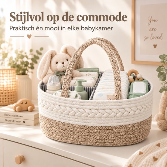 Luiermand voor Commode – Baby Organizer met Uitneembare Vakken – Commodemandje met Handvatten – 36 x 22 x 18 cm – Opbergmand voor Luiers, Doekjes & Babyverzorging – Beige
