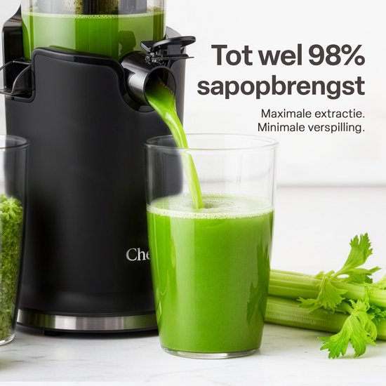 Chefino Slowjuicer – Koude Pers Sapcentrifuge – Extra Brede Vultrechter 9 cm – Stille High-Torque Motor – Dubbel Filtersysteem – Hoog Saprendement – Makkelijk te Reinigen