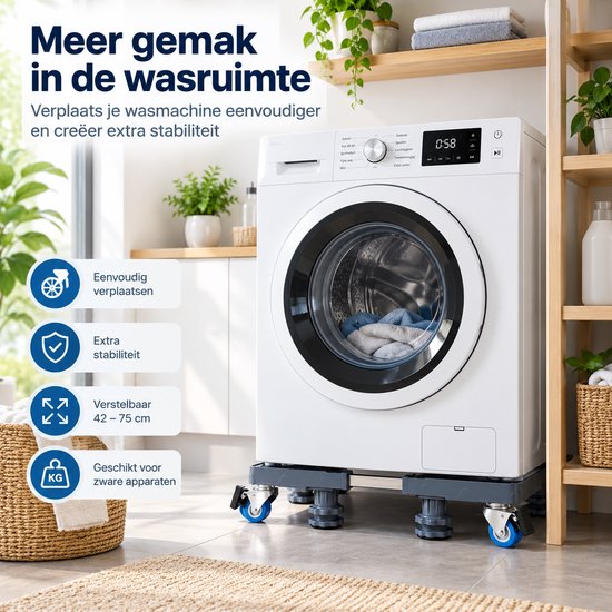 Verstelbare Wasmachine Onderzetter met Wielen – 42 tot 75 cm – Verrijdbare Wasmachine Verhoger – Met Rem, Stelpoten & Anti-Slip – Voor Wasmachine, Droger en Koelkast