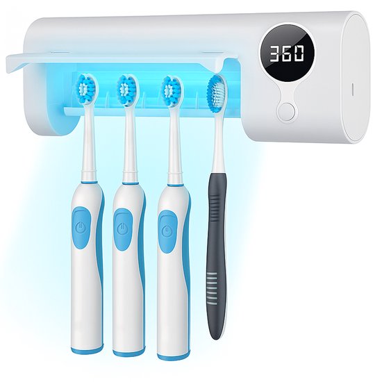 Pro Tandenborstelhouder met LED Verlichting - USB Oplaadbaar - Voor 4 Tandenborstels - Wandmontage - Voor Elektrische & Handtandenborstels