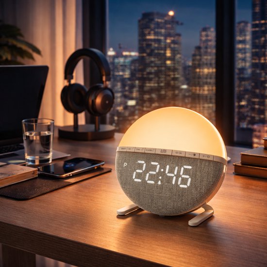 Wake Up Light Wekker – Sunrise Lichtwekker met Nachtlamp – Digitale Alarmklok met Snooze – Dimbare Nachtlamp & Zonsopgang Simulator – Oplaadbare Wekker Slaapkamer – 12-24h LED Klok