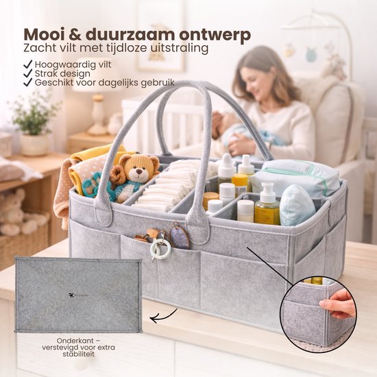 Luiertas Vilt - Grijs - Vilt - 32 x 22 x 19 cm - Luier Organizer - Draagbare Organiser met Handige Vakken - Verzorgingstas